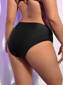 SHEIN Swim Curve 大尺碼純色泳裝底褲，適用於沙灘和游泳 - 黑色 - 查看 2