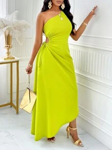 SOLERSUN One Shoulder Cut Out Drawstring Side Asymmetrical Hem Dress Dress Maxi Women Outfit