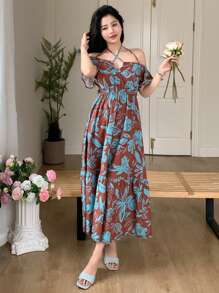 Dazy Designer Vestido de mujer con estampado floral, escote hombros descubiertos, cuello halter y diseño de vestido de verano