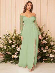 SHEIN Belle 女士露肩褶皱网眼长袖侧开叉及地伴娘婚礼派对礼服优雅新娘礼服 - 薄荷綠 - 查看 7