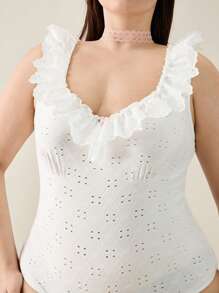 Forever 21 Elegant Plus Size Floral Lace Splicing Women Bodysuit - White - View 3