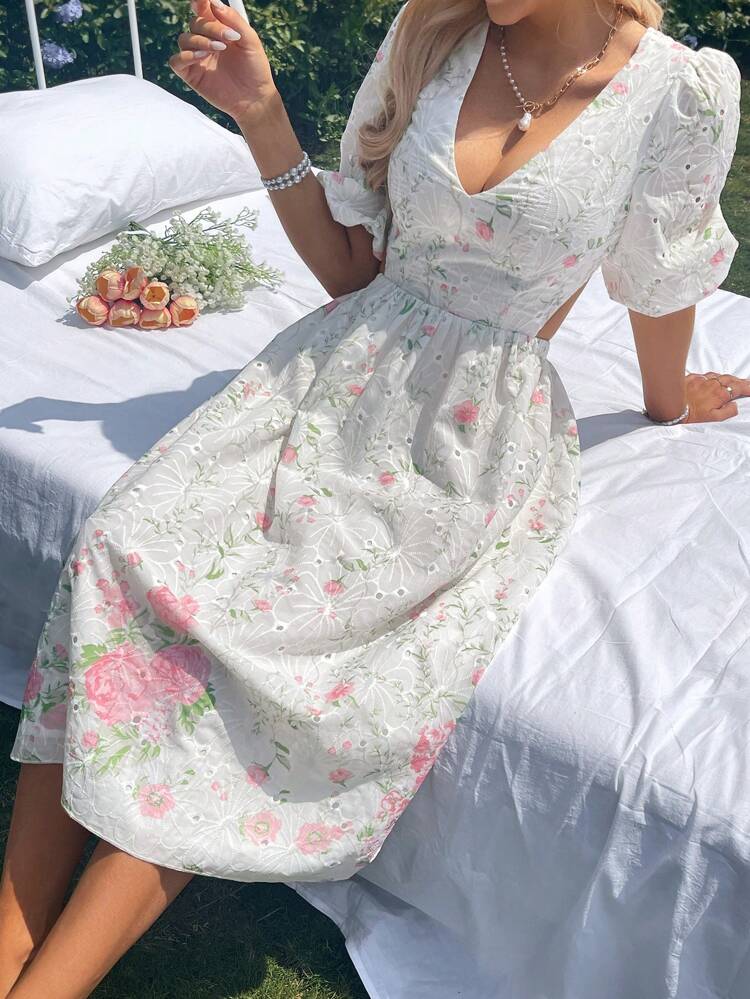 Embroidery Position Printing V-Neck Lantern Sleeve Waist-Revealing Elegant Dress  Mother Day Dress