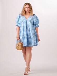 Forever 21 Kỳ nghỉ hè Trang phục nữ Gingham Plus Size với phong cách nông thôn - Màu xanh nhạt - Xem 1