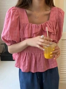 DAZY Áo Sơ Mi Tay Ruffle Hem Kẻ Sọc Thường Ngày Xuân/Hè - Hồng - Xem 4
