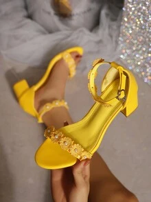 Giày cao gót đế dày có dây buộc trang trí hoa ngọc trai cho nữ, hở ngón, có thể điều chỉnh, kiểu dáng ngọt ngào, da, gót giữa 5cm, dùng cho đám cưới, hẹn hò, mùa xuân/hè, màu vàng - Màu vàng - Xem 5