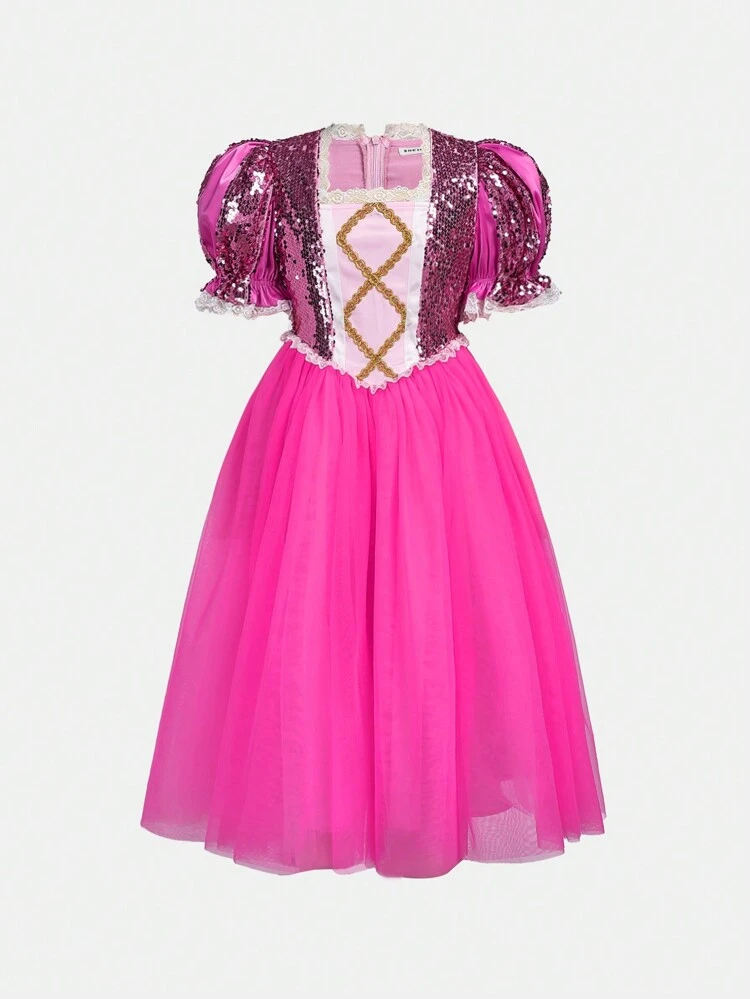 Tween Girl Sweet And Lovely Pearl Embellished Mesh Short Sleeve Dress For Spring And Summer