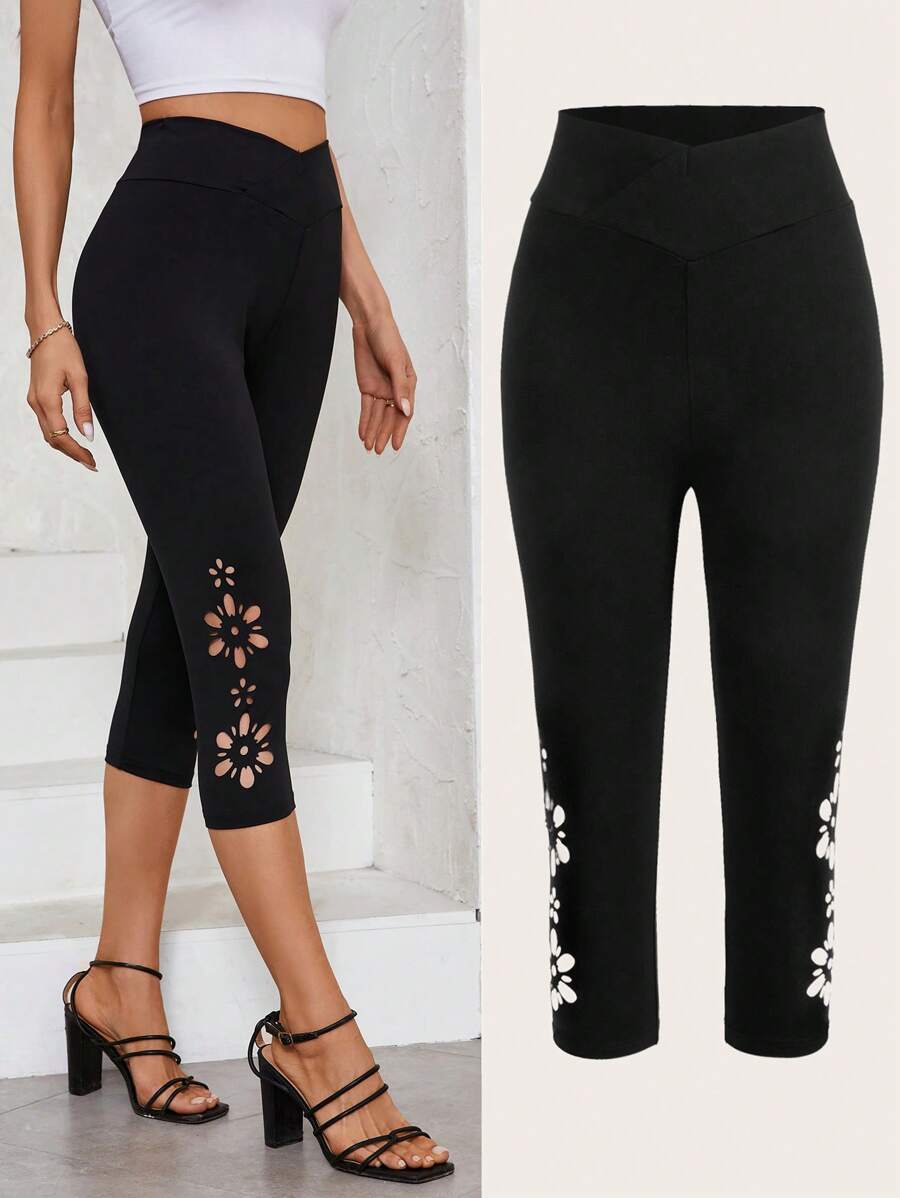 SHEIN Clasi Vòng eo chữ V Ren Hoa Xu hướng: Cắt giảm Capri Xà cạp - màu đen - Xem 1