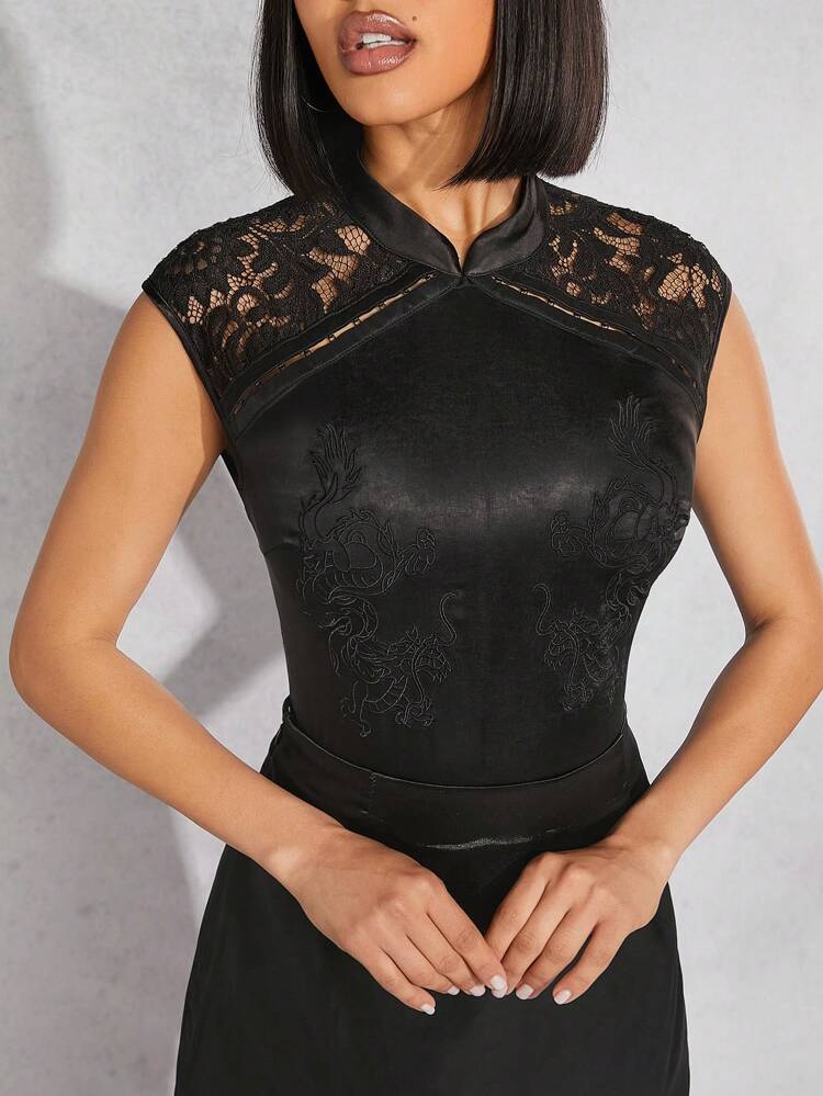 Dragon Embroidery Satin Lace Bodysuit