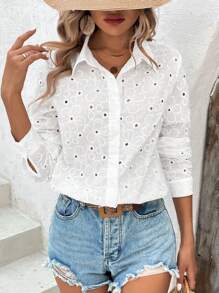 SHEIN LUNE Women Eyelet Embroidery Button Up Vacation Shirt - White - View 1