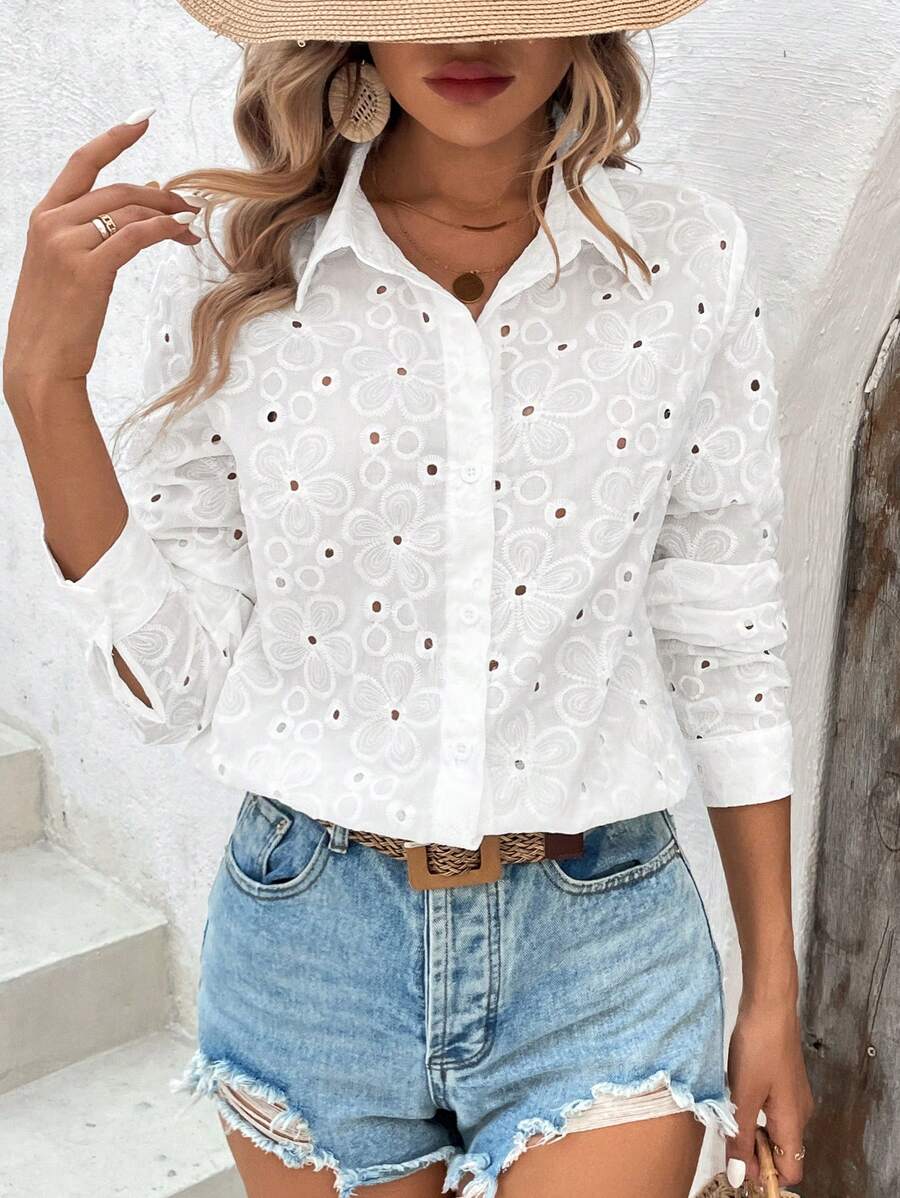 SHEIN LUNE Women Eyelet Embroidery Button Up Vacation Shirt - White - View 1
