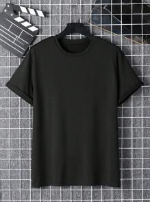 男士時尚寬鬆短袖T恤，背部手印設計 - 黑色 - 查看 2