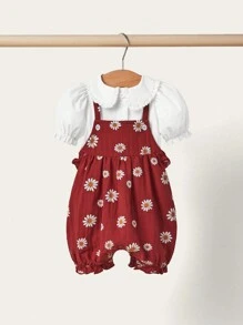 SHEIN Newborn Baby Girl Cute Casual Solid Color Lace Collar Short-Sleeved Shirt & Floral Pattern Overalls Shorts Outfit, Suitable For Summer