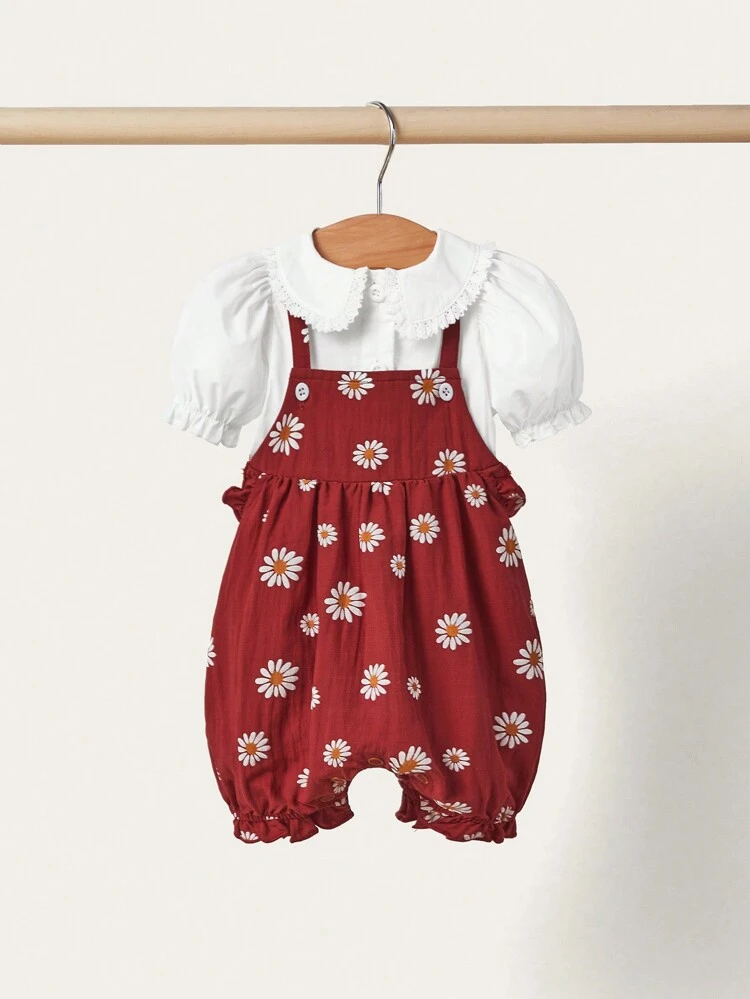 Newborn Baby Girl Cute Casual Solid Color Lace Collar Short-Sleeved Shirt & Floral Pattern Overalls Shorts Outfit, Suitable For Summer