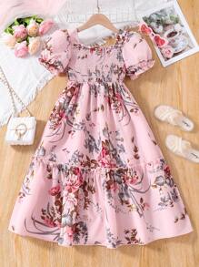 SHEIN Vestido para niña joven con estampado floral, dobladillo con volantes, cuello cuadrado y mangas abullonadas en estilo de vacaciones