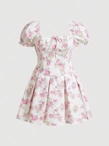SHEIN MOD 女性復古花卉印花短波浪袖上衣和裙子套裝 - 彩色 - 查看 4