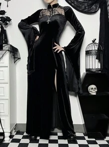 Lace Splicing Split Sleeve Long Gothic Dress - Black - View 3
