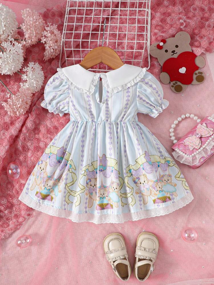Baby Girl Cute Bear Printed Dress With Peter Pan Collar And Puff Sleeves