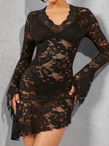 Hauture Lace Flounce Sleeve Asymmetrical Hem Dress - Black - View 4