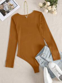 SHEIN Essnce Women's Solid Round Neck Long Sleeve Bodysuit - Brown - View 2