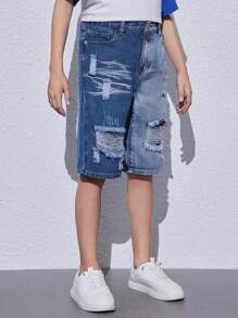 帶磨痕細節的Tween男生流行中藍色牛仔短褲