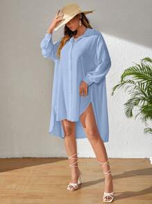 SHEIN VCAY 女士純色寬鬆落肩側開衩長衫，適用於度假和休閒，前短後長，中長款式 - 淺藍色 - 查看 4