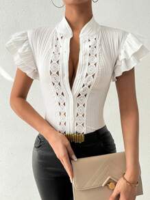 Rafferiza 女士蕾丝拼布立领单排扣盖袖衬衫，短袖上衣 - 白色 - 查看 4