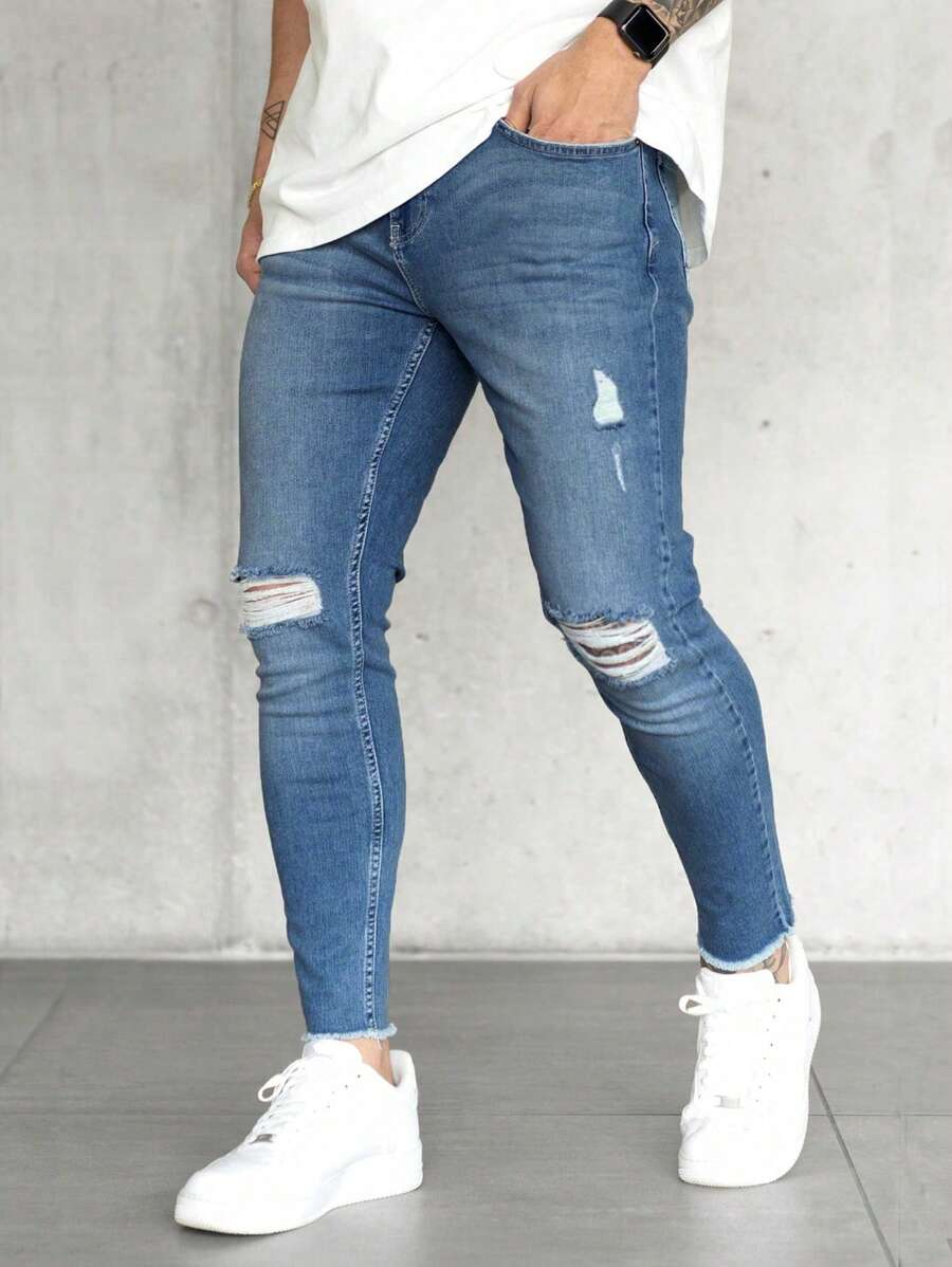 Men's Ripped Casual Denim Jeans, Minimalist & Fashionable For Daily Wear - Light Wash - View 1