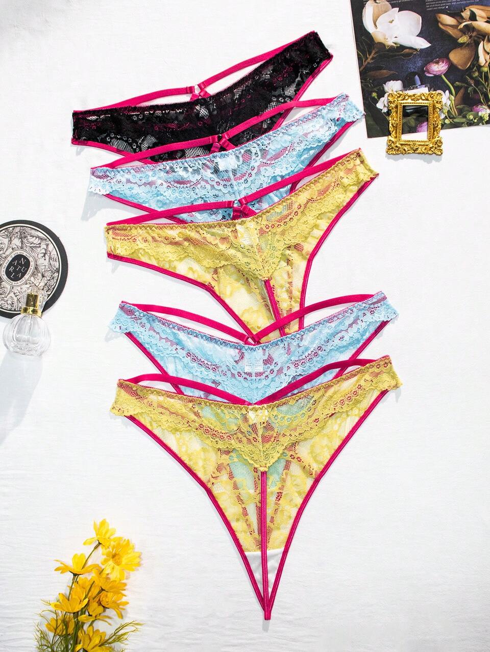 Plus Size Women Exotic Lace Colorblock Panties 5pcs/Set