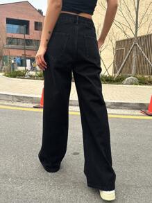 DAZY Women Casual Solid Color Pleated Loose Straight Leg Jeans