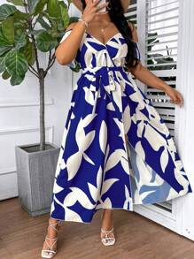 SHEIN VCAY Plus Size Mùa hè thường ngày In hình cây xẻ vai lạnh Đường viền cổ áo ngoài trời - Nhiều màu - Xem 6