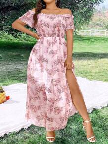 Sunnyshic Plus Size Off Shoulder Chiffon Floral Print Split Long Dress For Vacation