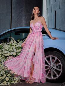 Mesh Tie Dye Backless Criss-Cross Strap Dress With Slit Hem, Padded Bust, And Floor Length For Holiday Party - Pink - View 5