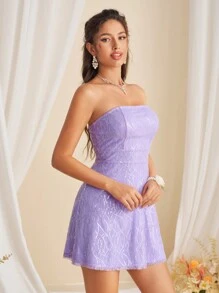 SHEIN BAE Summer Sparkling Strapless Mini Cocktail Party Dress - Purple - View 3