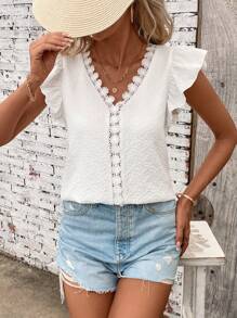 SHEIN LUNE Summer Fashion Shirt With Texture Fabric Splicing, Water Soluble Lace And Ruffle Edging - White - View 6