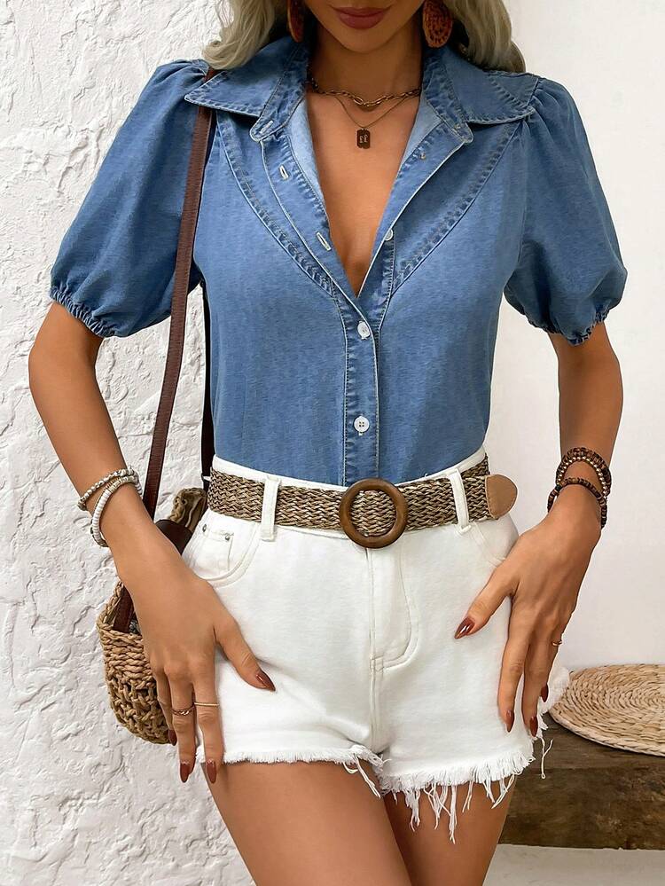 Women Simple And Casual Denim Short-Sleeved Shirt Top