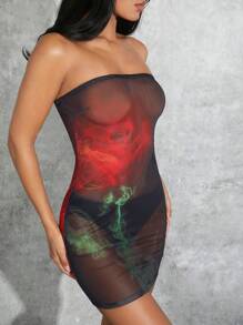 Hauture Abito estivo sexy per donne in miniatura, senza spalline, aderente al corpo e con prospettiva in mesh tie-dye - Multicolore - Visualizzare 5