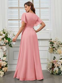 SHEIN Belle 成人 V 领雪纺高开叉伴娘服优雅连衣裙 - 粉色 - 查看 2