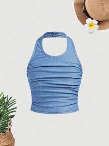 SHEIN Tween Girls Spring Summer Boho Halter Neck Ruched Casual Denim Jeans Top,Girls Summer Clothes Tank Top Outfits