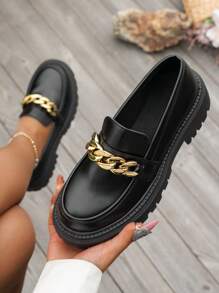 Thick-Soled Loafers With 4.5cm Gold Chain Decoration To Enhance Height, Fashionable Black Leather Slip-On Shoes