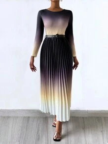 SHEIN Lady Spring Elegant Gradient Color Pleated Long Dress With Waistband