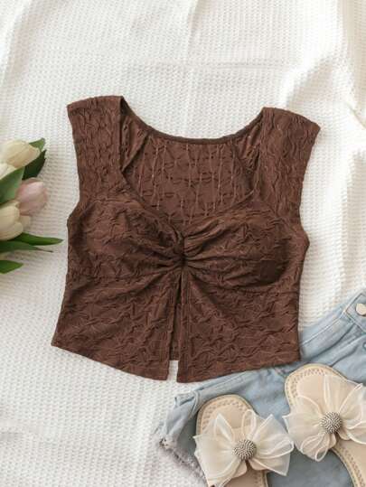 Soleia WYWH Women's Holiday Brown Sweetheart Collar Textured Fabric T-Shirt, Pleated Slit Brown T-Shirt