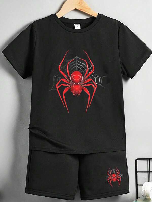 SHEIN Tween Boys' Spider Print Short Sleeve 2pcs Outfit