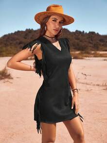 RELISH NOLESS Women Spring Summer Cowgirl Festival Outfit Country Concert Holiday Outwear Casual Sexy Boho Vacation Suede Fringe Dress - Black - View 4