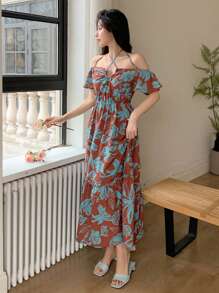 Dazy Designer Vestido de mujer con estampado floral, escote hombros descubiertos, cuello halter y diseño de vestido de verano