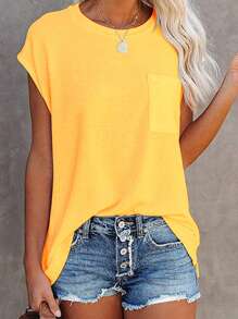 Damska koszulka w jednolitym kolorze z rękawami typu nietoperz, letnia, luźna, swobodna, z kieszeniami i łatkami