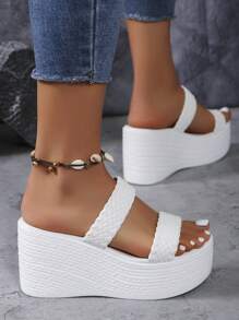 Women Fashionable Thick-Soled Sandals With Two Straps, Loose Fit, Wedge Heels For Outdoor Wear
