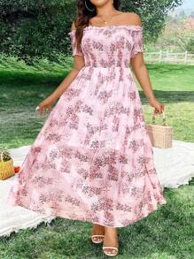 Sunnyshic Plus Size Off Shoulder Chiffon Floral Print Split Long Dress For Vacation