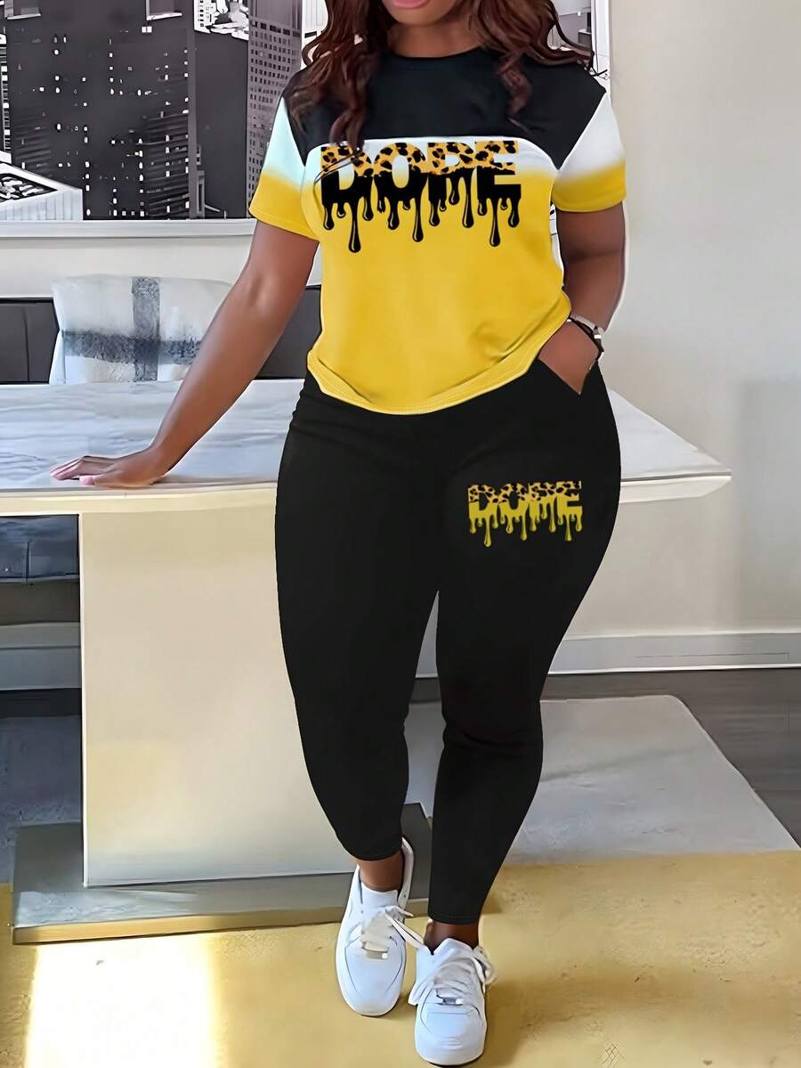 2pcs Plus Size Women Sets - Printed Color Block T-Shirt And Long Pants - Black - View 1
