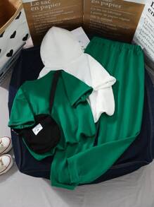 4pcs/Set Tween Boys' Loose Fit Casual Letter Print T-Shirt, Long Pants And Bag Outfits