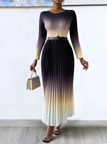 SHEIN Lady Spring Elegant Gradient Color Pleated Long Dress With Waistband